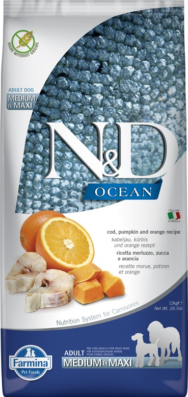 N&D Dog Ocean Grain free Codfish Pumkin, Orange Adult M/M kutyatáp